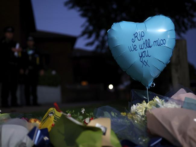 Flowers and a balloon left at the scene following the stabbing of Sir David Amess as he met with constituents at a surgery in Leigh-on-Sea, England. Picture: Getty Images