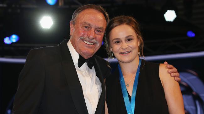 From 2017, John Newcombe presents Ash Barty with her first John Newcombe medal. Picture: Getty