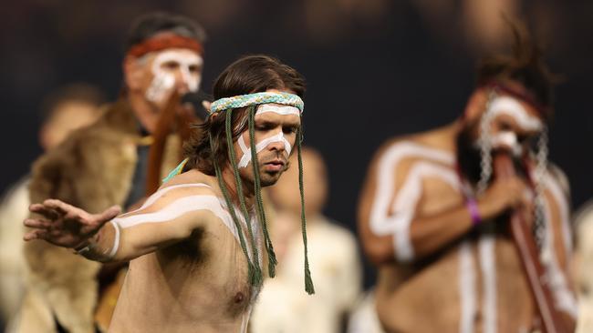 Dancers perform during the welcome to country before the friendly between AC Milan and AS Roma at Optus Stadium in Perth.