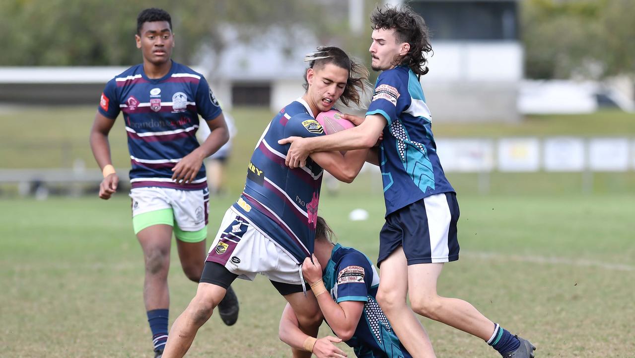 RUGBY LEAGUE: Justin Hodges and Chris Flannery 9s Gala Day. Mountain Creek State High (white shorts) V Morayfield State High, year 10. Picture: Patrick Woods.