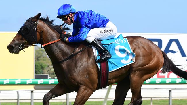 Jockey Kerrin McEvoy rides Exhilarates to victory in race 2 during Aquis Ladies Day race day at the Gold Coast Turf Club, Saturday, January 5, 2019. (AAP Image/Trackside Photography, Grant Peters) NO ARCHIVING, EDITORIAL USE ONLY