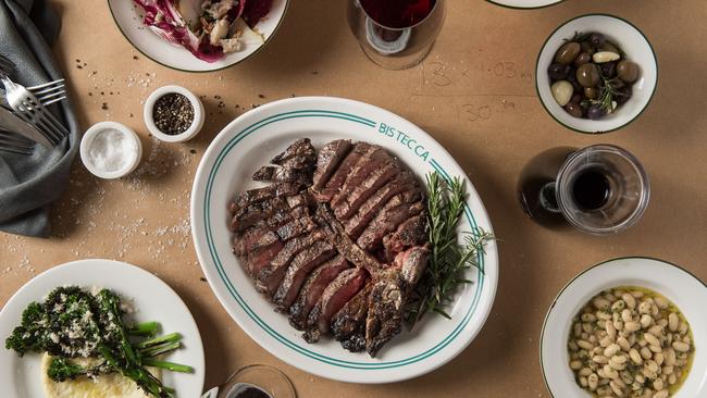 A T-bone steak along with cicchetti, Venetian-style small snacks and sides for the steak, from new restaurant, Bistecca, in the city. Picture: Dominic Loneragan