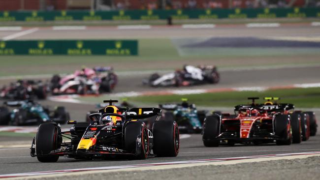 Red Bull driver Max Verstappen leads Ferrari’s Charles Leclerc at last year’s F1 Grand Prix of Bahrain at Bahrain International Circuit. Picture: Getty Images