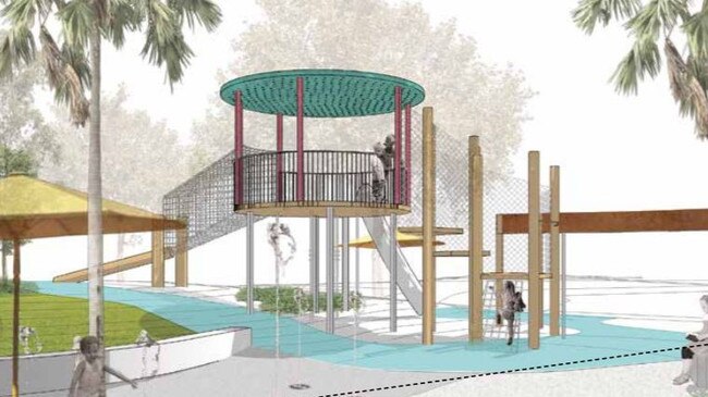 Proposed Goorimahbah - Place of Stories Inclusive Park and Playspace for Jack Evans Harbour.  Design including water feature.