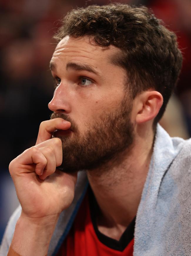 Jarred Bairstow, who has signed with the JackJumpers, looks on from the bench during game two of the NBL Grand Final Series between the Perth Wildcats and Melbourne United. (Photo by Paul Kane/Getty Images)