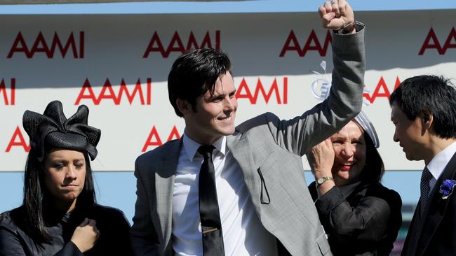 James Cummings celebrates Prized Icon winning the Victoria Derby.