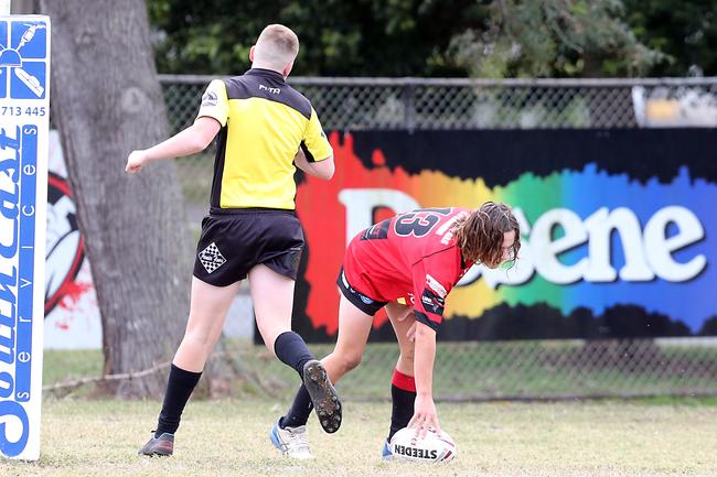 A Rugby League Gold Coast junior gala day at Burleigh Bears Junior Rugby League Club. Under 14s. Mudgeeraba vs Helensvale. Number 13 scoring 5 September 2021 Miami Picture by Richard Gosling