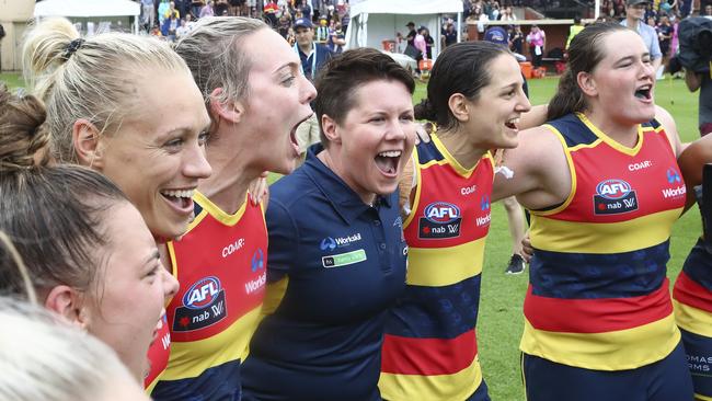 Adelaide Crows coach Bec Goddard sings the song with her team. Picture Sarah Reed