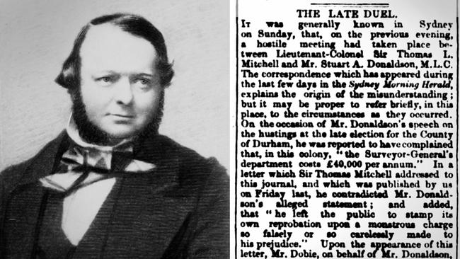 Stuart Donaldson, who faced Thomas Mitchell in a duel in 1851, and a newspaper article about the episode. Picture: Trove