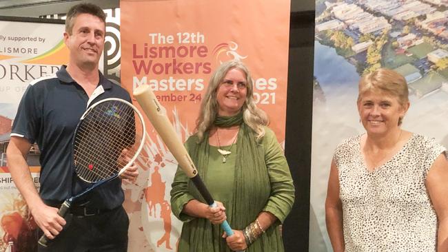 MASTERS GAMES: Masters Games chair Matthew Barlow with Lismore mayor Cr Vanessa Ekin (centre) and cricket great Lyn Larsen (right) celebrate the event launch at the Lismore Workers Club on April 22, 2021. Photo: Alison Paterson