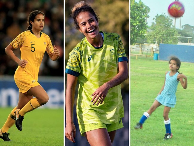 Mary Fowler, from left, in her early Matildas days, in France this week and showing her skills as a child.