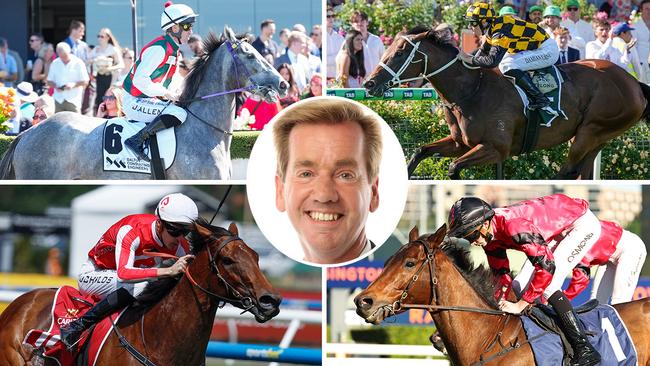 Ray Thomas (inset) has a close eye on big race contenders (clockwise, from top left) Statuario (Qld Derby, Eagle Farm), Joliestar (Kingsford Smith Cup, Eagle Farm), Glory Daze (Lord Mayor's Cup, Rosehill) and Niance (Bel Esprit Stakes, Caulfield).