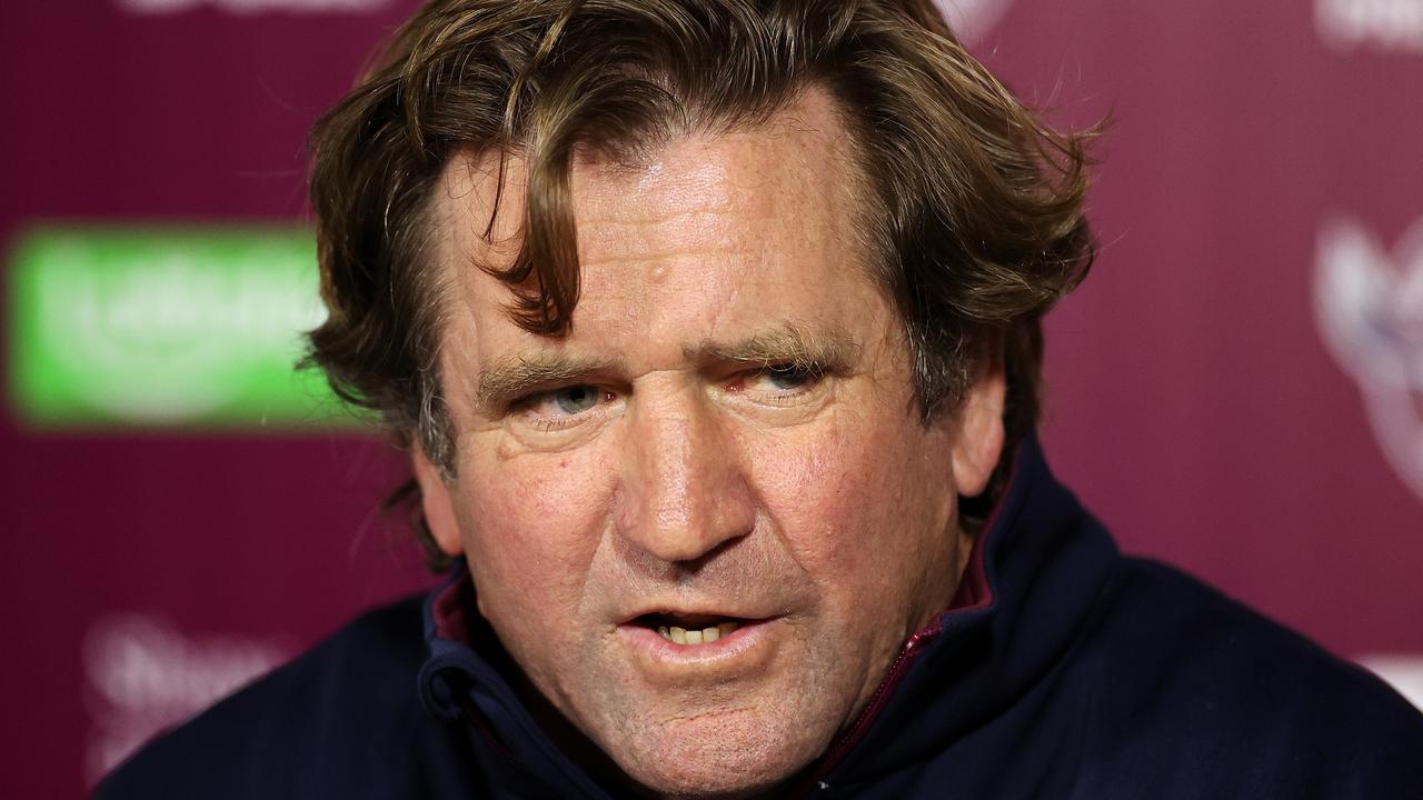 GOSFORD, AUSTRALIA - JUNE 28: Sea Eagles coach Des Hasler talks during a press conference following the round seven NRL match between the Manly Sea Eagles and the Cronulla Sharks at Central Coast Stadium on June 28, 2020 in Gosford, Australia. (Photo by Cameron Spencer/Getty Images)