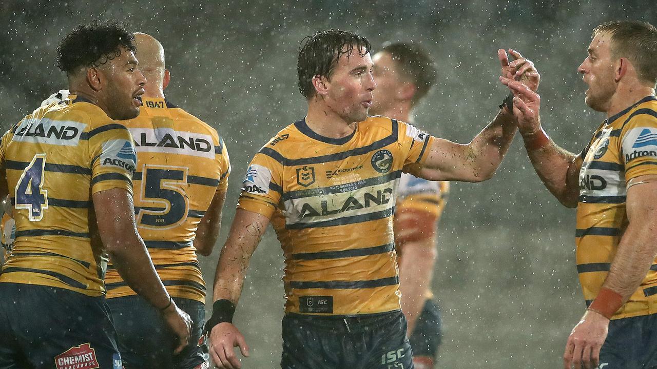 Clint Gutherson and Andrew Davey and their Eels celebrate a win over Cronulla last week.