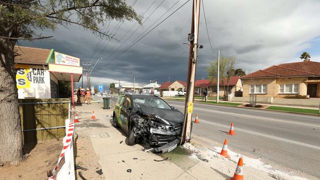 The scene where three cars were struck after a man carjacked a Toyota from a woman in Murray Bridge. Picture: Tait Schmaal