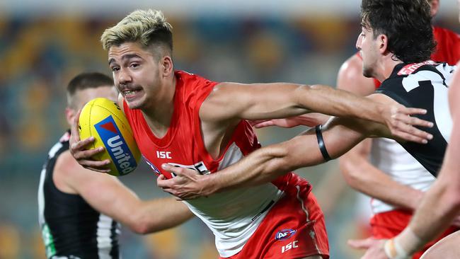 Elijah Taylor was suspended for the season over the breach. Picture: Jono Searle/AFL Photos/via Getty