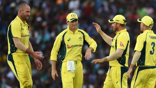 Australian paceman John Hastings (left) took six wickets against Sri Lanka on Wednesday.