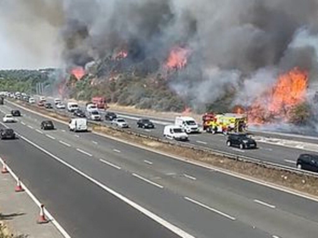 Fires burning next to the A2 highway in Kent, southern England. Picture: Twitter.