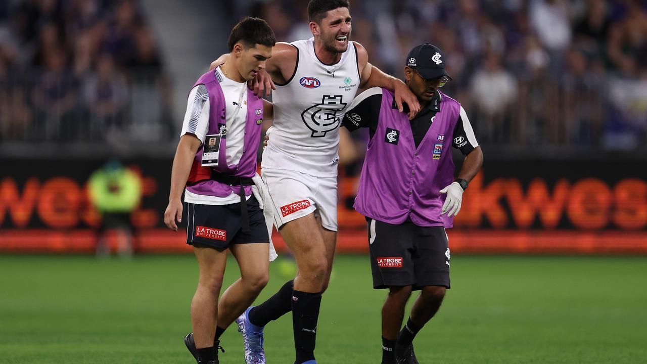 Marc Pittonet hurt his left knee in the first quarter of last week’s loss to Fremantle. Picture: Getty Images