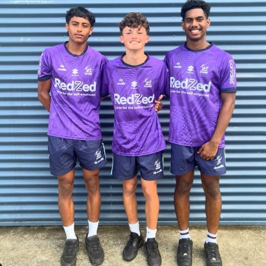 Amon Tu’aefe, Kye Hill and Max Artango, Melbourne Storm junior academy participants in 2024.