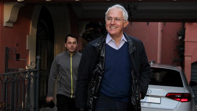 Then prime minster Malcolm Turnbull leaving his Point Piper home with his son Alex. Picture: Hollie Adams