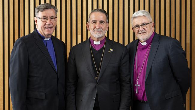 (L-R) Bishop Glenn Davies, Most Reverend Foley Beach and The Right Revd Richard Condie at a conference at the National Convention Centre in Canberra. Picture: Martin Ollman