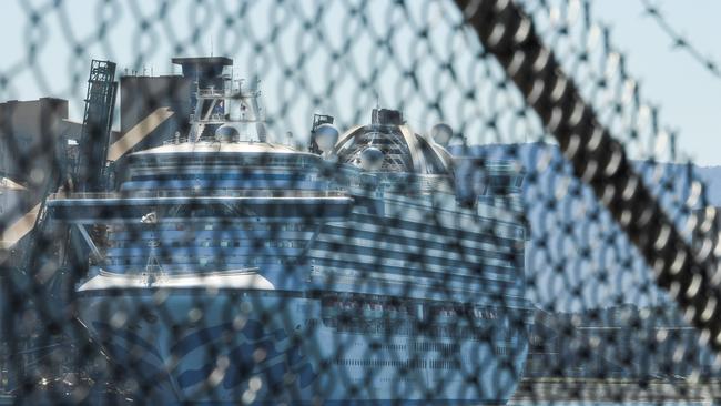 Contaminated cruise ship Ruby Princess berths in Port Kembla south of Sydney, NSW as the crew undergo investigation due to a coronavirus outbreak Wednesday, April 15, 2020. (The Australian/Simon Bullard)