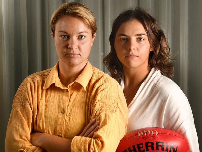 AFLW PLAYERS IN PODCAST. Courtney Cramey and Ebony Marinoff pictured at The Advertiser building. Picture: Tricia Watkinson