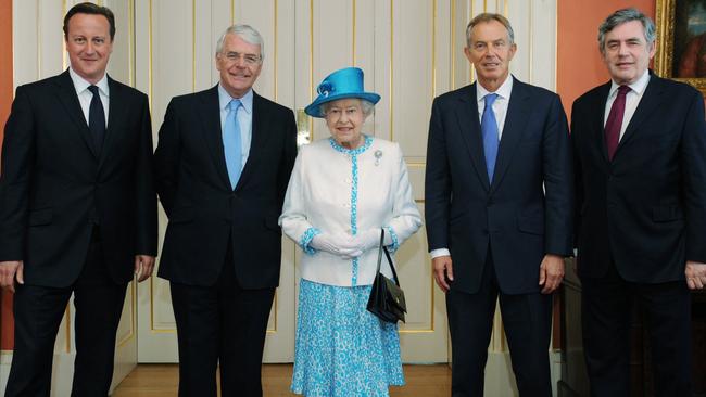 The Queen with (L-R) former prime ministers David Cameron, John Major, Tony Blair and Gordon Brown. Picture: AFP.