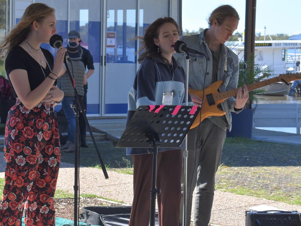 Sarara, Grace and Zach of the Skyver Trio, were among the 70 buskers performing at the 2021 Noosa Come Together Festival.