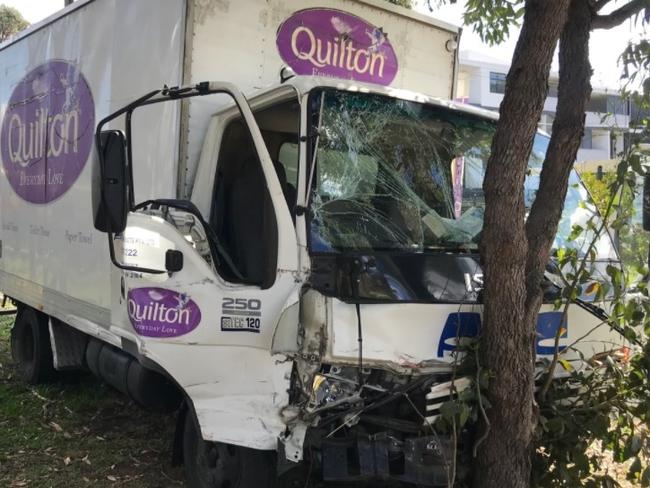 Two trucks were involved in a crash in Carramar. Picture: Fire and Rescue NSW