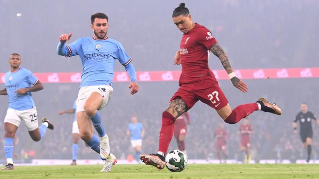 Darwin Nunez of Liverpool shoots at goal against Manchester City. Picture: Stu Forster/Getty Images