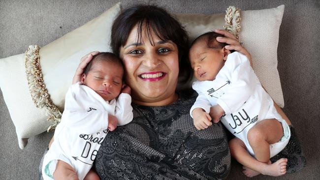 Dr Suchi Grover with her twins Dev and Jay, born around nine months after September’s blackout. Picture: Tait Schmaal.