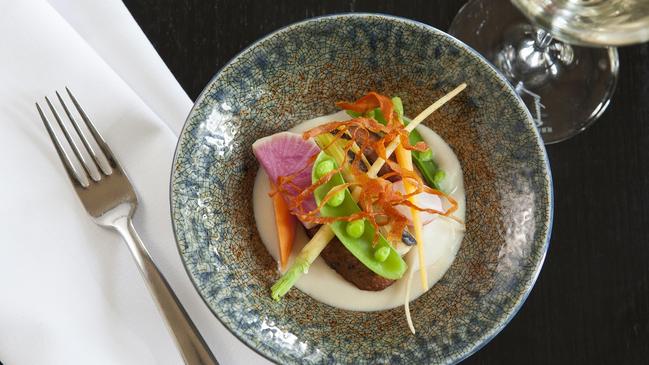 Okara fritters, soy milk and ginger broth with vegetables.