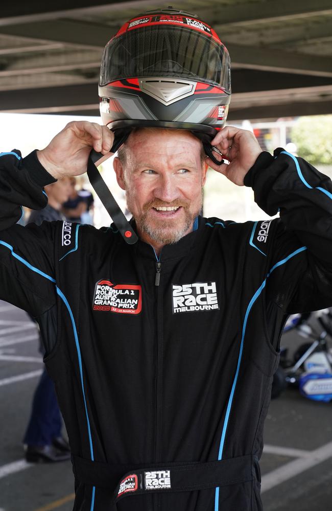 Nathan Buckley prepares to race during the celebrity go-kart challenge at the 2020 Grand Prix. Picture: Stefan Postles/Getty Images