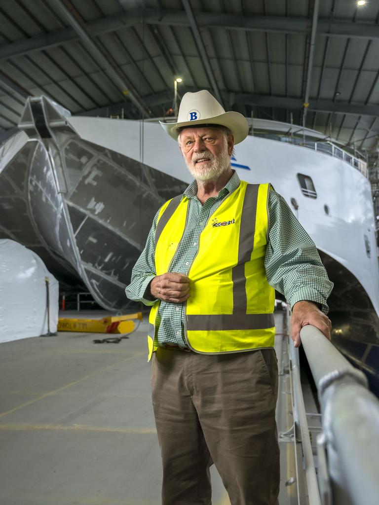 Robert Clifford, AO, in front of Hull 96 at Incat's shipyard. Picture: Caroline Tan