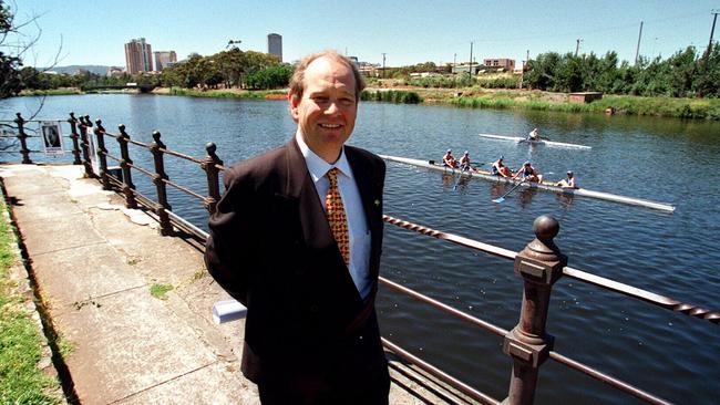 Former Lord Mayor Michael Harbison by the banks of the Torrens Lake in 2008, a few years after he proposed an aquifer-fed lake for the south parklands. Photo: Russell Millard.