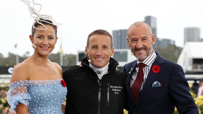 Damien Oliver (centre) with fellow Melbourne Cup-winning hoops Michelle Payne and Glen Boss. Picture: Michael Klein