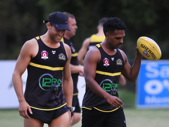 11th February 2021 - The Labrador Tigers QAFL (Australian Rules) team training session. Pictured is Joel Bleize (left) and Shayden Close. Picture: Scott Powick