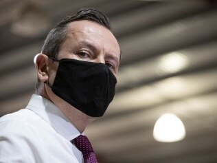 PERTH, AUSTRALIA - APRIL 28: WA Premier Mark McGowan is seen wearing a face mask at the opening of the Claremont Showgrounds  Covid-19 Vaccine Centre on April 28, 2021 in Perth, Australia. Premier Mark McGowan has announced the opening of two new COVID-19 vaccination clinics in Perth, open to eligible Western Australians at the Claremont Showgrounds and Perth Airport. (Photo by Matt Jelonek/Getty Images)