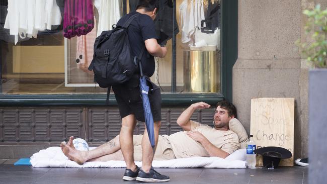 Proud homeless man Jack Leafe has returned to the QVB but without his comfy couch. Picture: Dylan Robinson