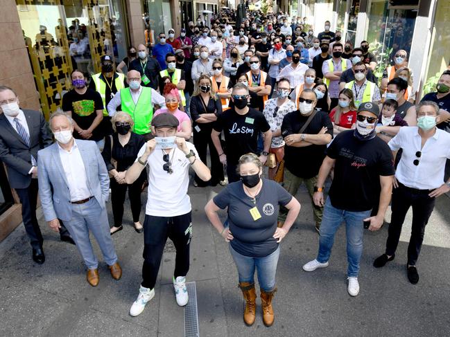 ADELAIDE, AUSTRALIA - NewsWire Photos DECEMBER 3, 2020: Members of the hospitality sector at the #1in4NoMore protest in Peel Street in solidarity requesting that they are allowed to trade at 1 person per 2 square metres indoors effective immediately to save as many hospitality operators as possible in an industry that is being strangled. Picture: NCA NewsWire / Naomi Jellicoe