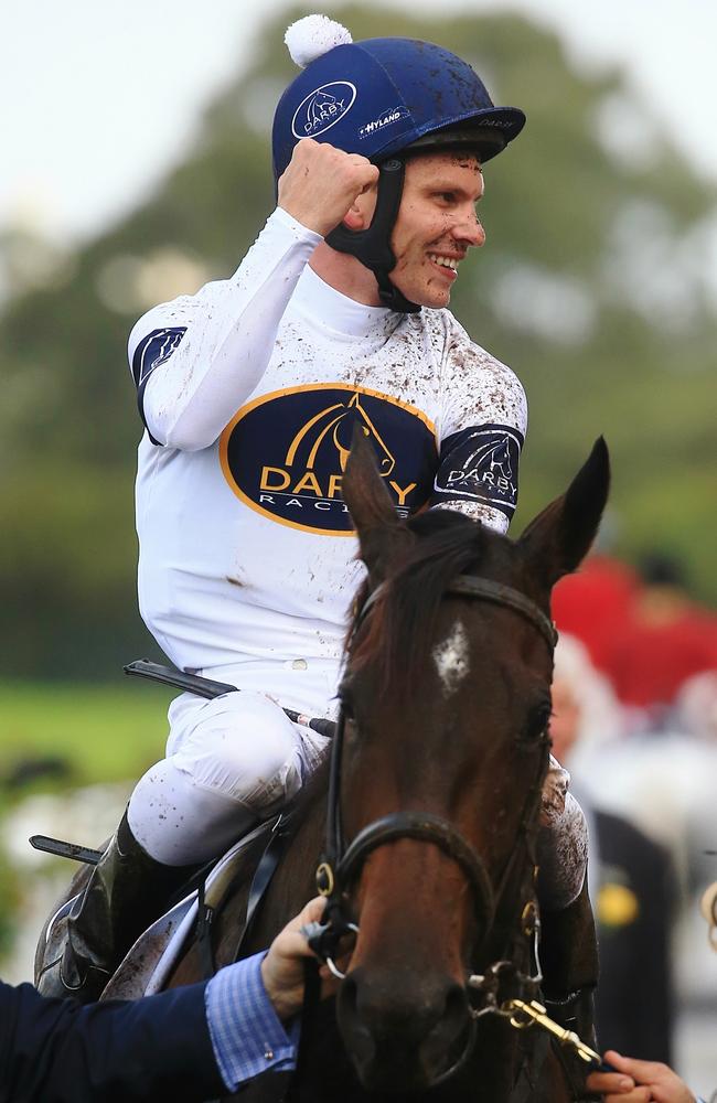 Jockey Ben Melham celebrates winning the Golden Slipper on She Will Reign at Rosehill Races. Picture: Adam Taylor