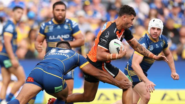 Starford To’a will play fullback for Wests Tigers against the Dragons. Picture: Cameron Spencer/Getty Images