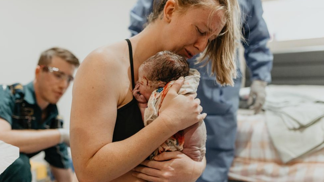 Townsville mum Madison Phillips who gave birth to her baby boy Zavey on her bedroom floor has thanked hero paramedics who arrived just in time to deliver him. Picture: Kacey Maree Photography