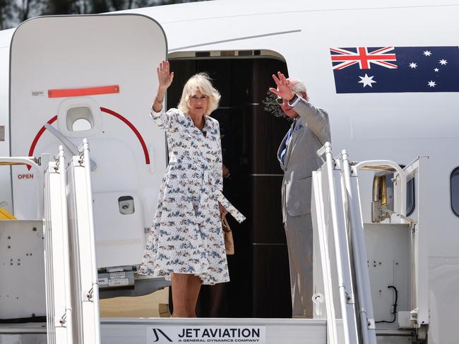 King Charles III and Queen Camilla wave as they board their plane at Sydney Airport. Picture: AFP