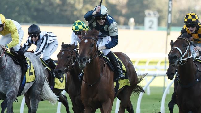 SYDNEY, AUSTRALIA - APRIL 19: Ethan Brown riding Jimmysstar win Race 8 Schweppes All Aged Stakes during 