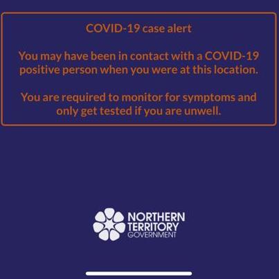 The new NT Covid message, which also now lists the name of the specific potential exposure site, and the time when the user checked in there.