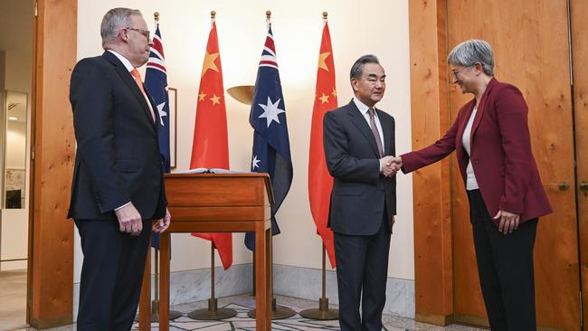 The Prime Minister and Foreign Affairs minister Penny Wong meet with China's Foreign Minister Wang Yi at Parliament House in Canberra. Picture: NCA NewsWire / Martin Ollman