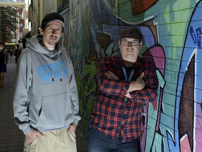 Youth workers Thomas Dent, left, and Tim Sheerman from StreetWork. They have set up an office out of the Manly Uniting Church because of the growing amount of youth homeless on the northern beaches. Picture: Troy Snook